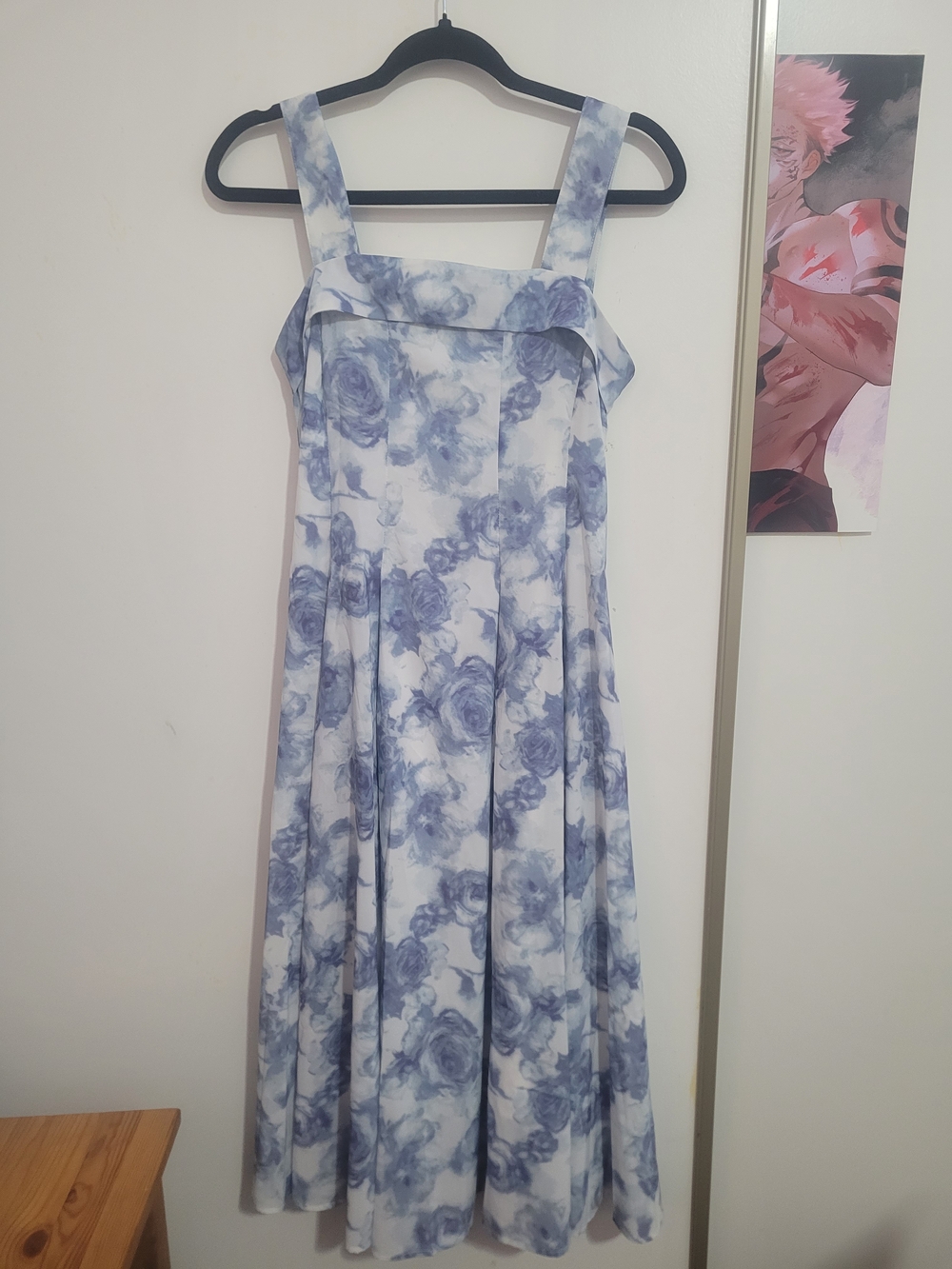 Blue Floral Square-Neck Midi Dress